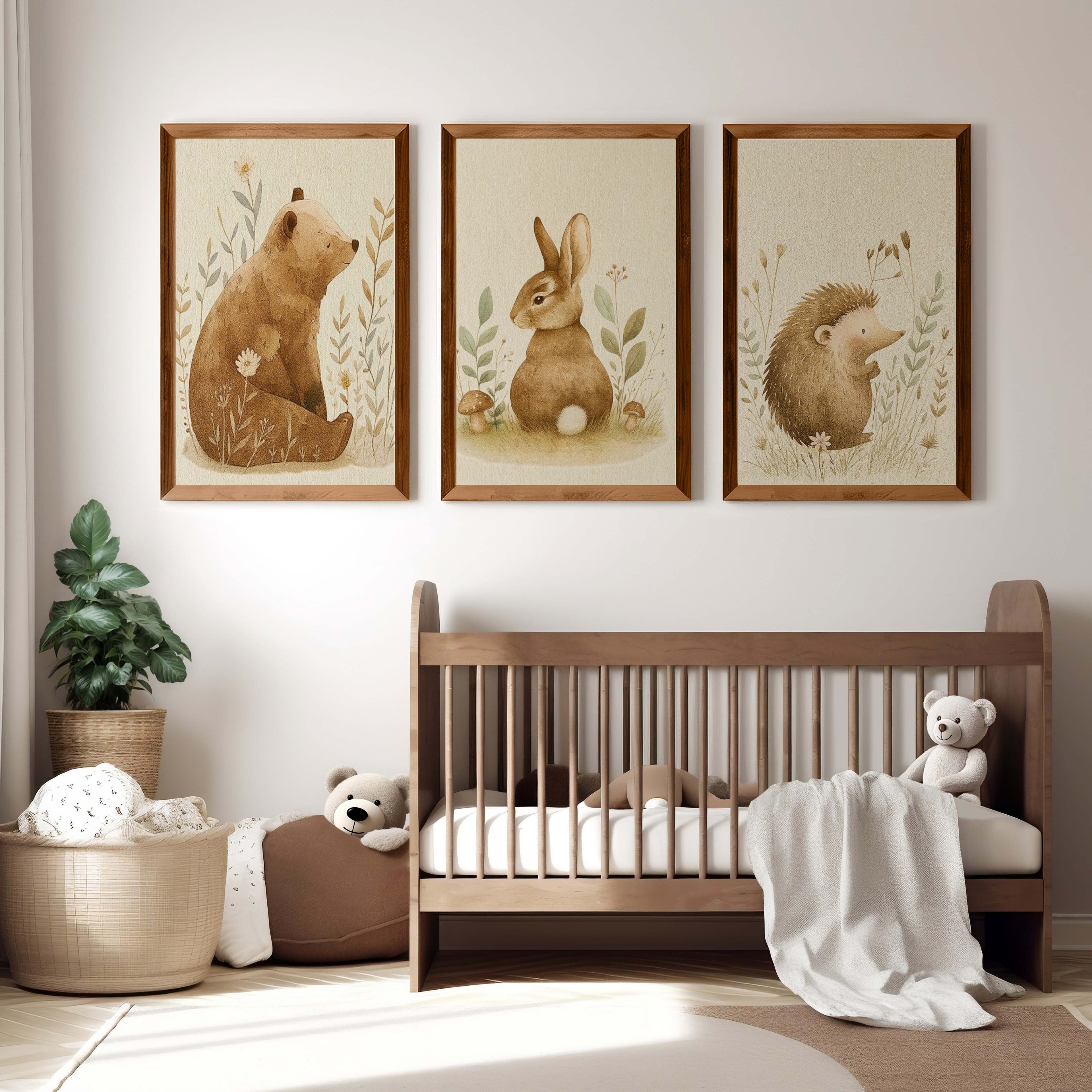 Woodland Nursery Wall Decor – Bear, Bunny & Hedgehog Set