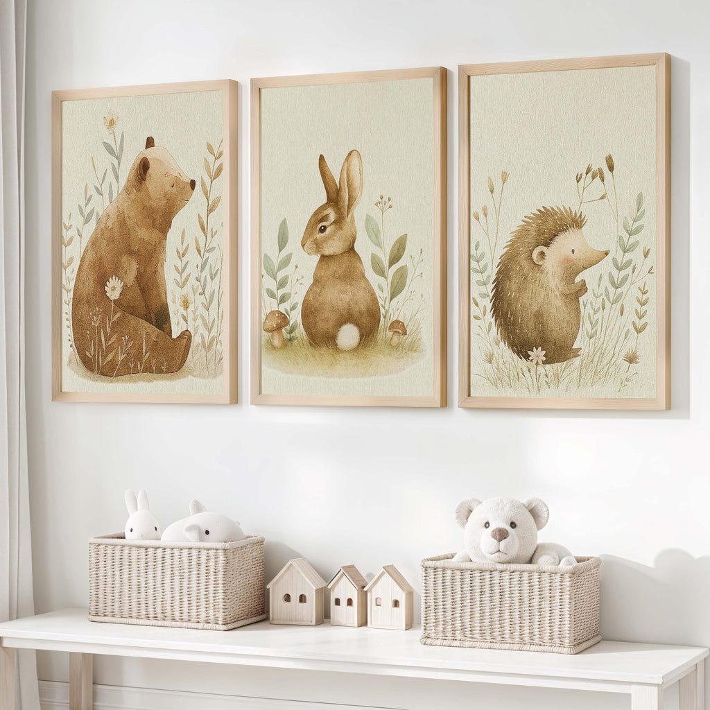 Woodland Nursery Wall Decor – Bear, Bunny & Hedgehog Set