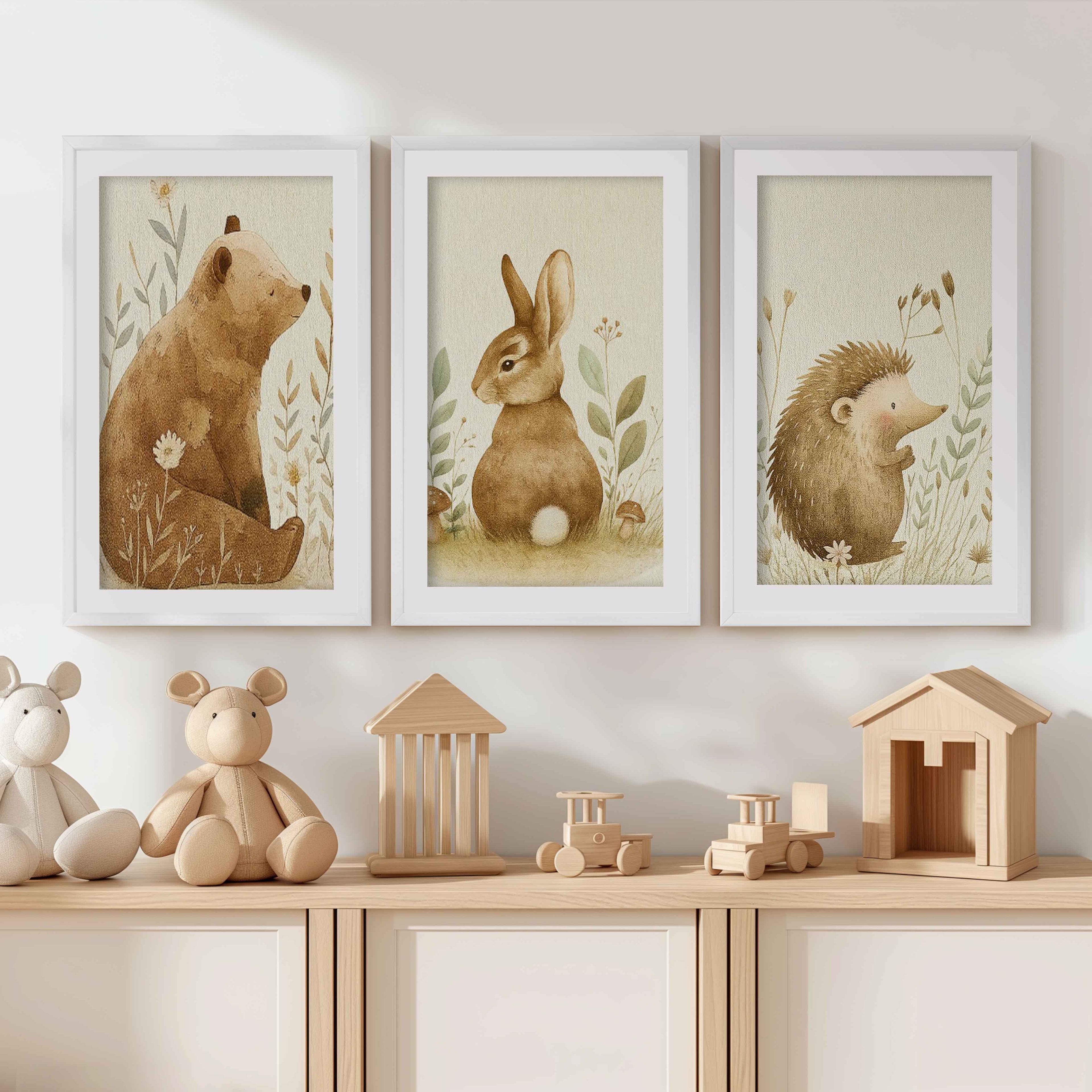 Woodland Nursery Wall Decor – Bear, Bunny & Hedgehog Set