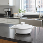 Round Stoneware Casserole Dish with Lid and Metal Rack - Glossy White