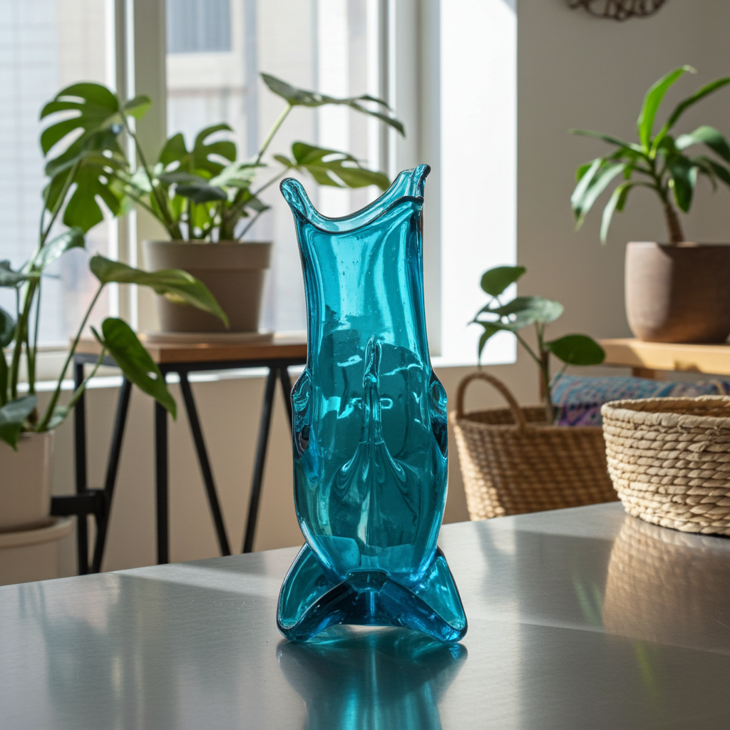 Hand-Blown Blue Art Glass Vase - Turquoise Sculptural Form