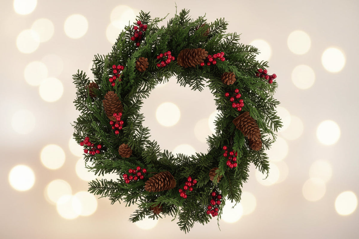 30-Inch Pine & Berry Wreath - Arborvitae & Red Berry Accents